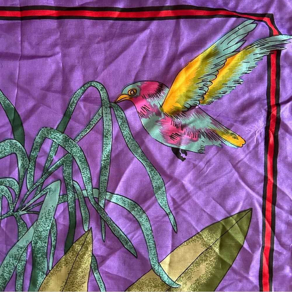 Rene gallet 100% pure silk vintage tropical bird square scarf leaves flowers - Picture 6 of 8